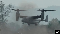 FILE - A US Marines OV-22 Osprey lands during a joint military exercise in Zambales province, northern Philippines, April 26, 2023. 