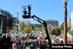 A large crowd is seen near Los Angeles City Hall on Feb. 11, 2023, as Iranian Americans rally to denounce Iran's Islamic republic on the 44th anniversary of its founding. (Karmel Melamed)