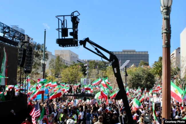 A large crowd is seen near Los Angeles City Hall on Feb. 11, 2023, as Iranian Americans rally to denounce Iran's Islamic republic on the 44th anniversary of its founding. (Karmel Melamed)