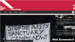 A screenshot shows part of the home page of The Asheville Blade, a North Carolina newspaper. Two of its reporters were convicted April 19, 2023, of misdemeanor trespassing; they were arrested while covering the clearing of a homeless encampment in a public park in 2021.