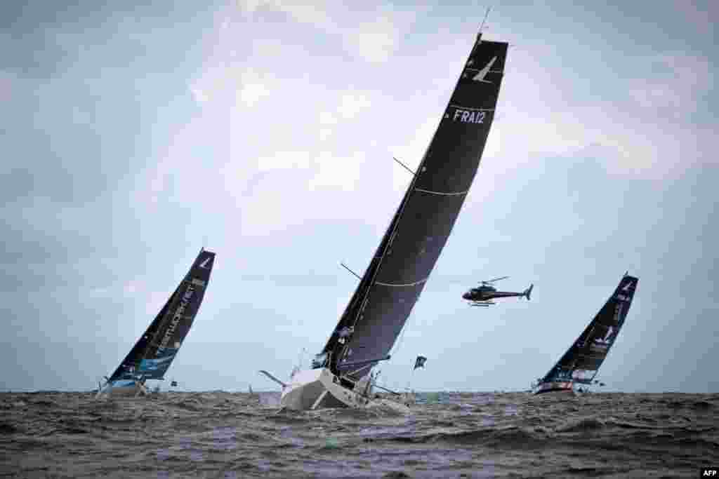 Skippers race at the start of the 2023 solo multi-stage sailing race &#39;Solitaire du Figaro&#39; in Ouistreham Riva-Bella near Caen, northern France.