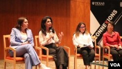 VOA journalists at a University of Texas conference: (l to r) Myroslava Gongadze, Eastern Europe chief; Ayesha Tanzeem, Director, South and Central Asia Division; Leili Soltani, Director, Persian Division; and Xin Chen, Managing Editor, VOA Mandarin service. 