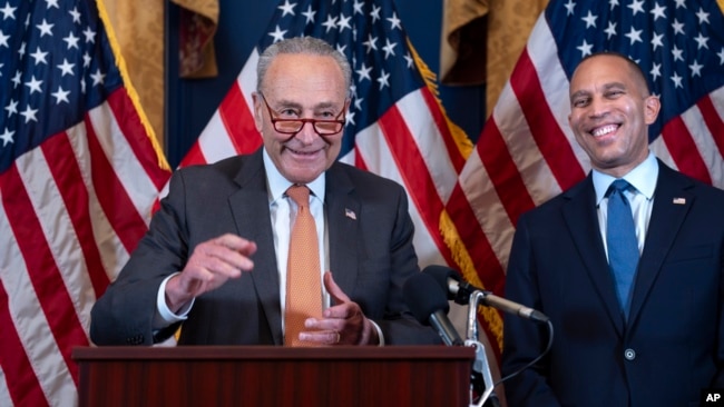 Senate Majority Leader Chuck Schumer, D-N.Y., left, and House Minority Leader Hakeem Jeffries, D-N.Y., the top Democrats in Congress, endorse Vice President Kamala Harris for president on Capitol Hill in Washington, July 23, 2024.