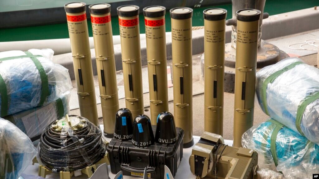 Anti-tank missiles and ballistic missile components seized by the United Kingdom Royal Navy in the Middle East on Feb. 26, 2023. The British navy seized anti-tank missiles and fins for ballistic missile assemblies during a raid on a small boat from Iran, March 2, 2023.