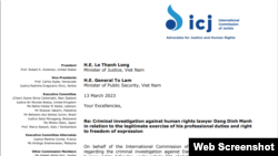 Thư ngỏ của ICJ gửi giới chức Việt Nam ngày 13/3/2023. Photo ICJ.