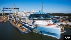 An aerial view taken on May 30, 2023 shows the construction site of the Royal Caribbean's new ship 'Icon of the Seas' at the Turku shipyard in Finland's southwest coast. 
