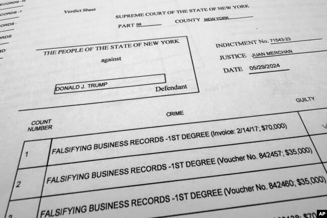 The verdict sheet in the trial of former President Donald Trump is pictured May 30, 2024, after a jury convicted Trump of felony crimes for falsifying business records in a scheme to illegally influence the 2016 election. (AP Photo/Jon Elswick)