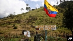 Un rebelde de las disidentes Fuerzas Armadas Revolucionarias de Colombia junto a una bandera durante la liberación del rehén y soldado del ejército colombiano Juan David Estrada, en Tacueyo, suroeste de Colombia, el martes 26 de septiembre de 2023.