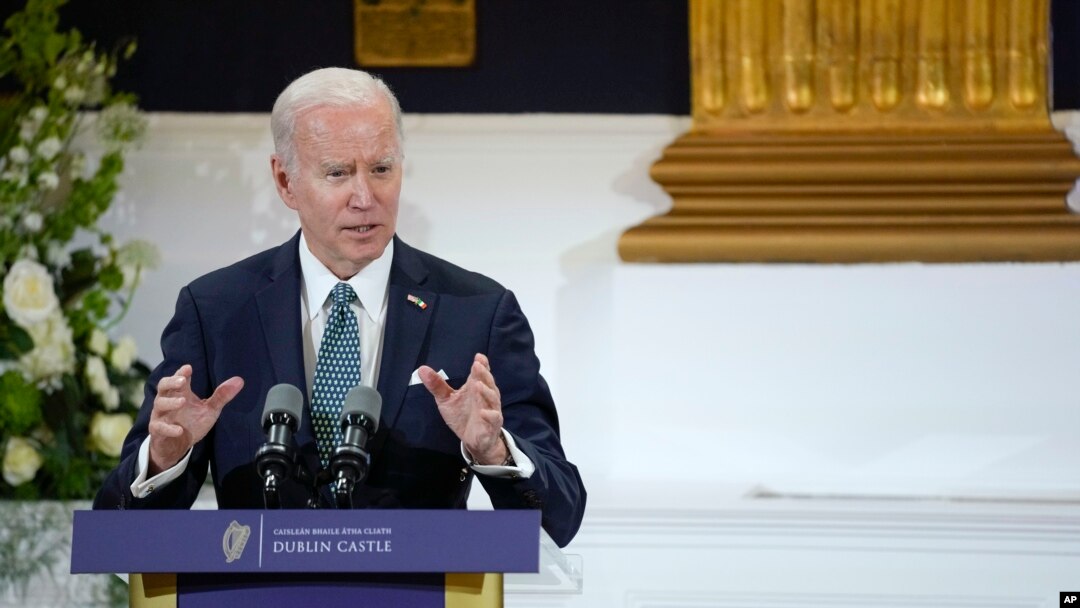 FILE - President Joe Biden speaks during a banquet dinner at Dublin Castle, April 13, 2023, in Dublin, Ireland. 