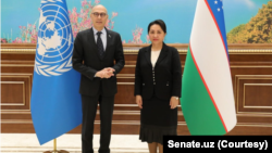 Uzbekistan's Senate Chairperson Tanzila Narbaeva welcomes the UN High Commisioner for Human Rights Volker Türk in Tashkent, March 15, 2023. (Senate.uz)