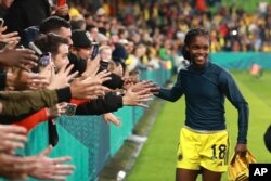 Colombia's Linda Caicedo celebrates at the end of the Women's World Cup round-of-16 soccer match between Jamaica and Colombia in Melbourne, Australia, on Aug. 8, 2023.