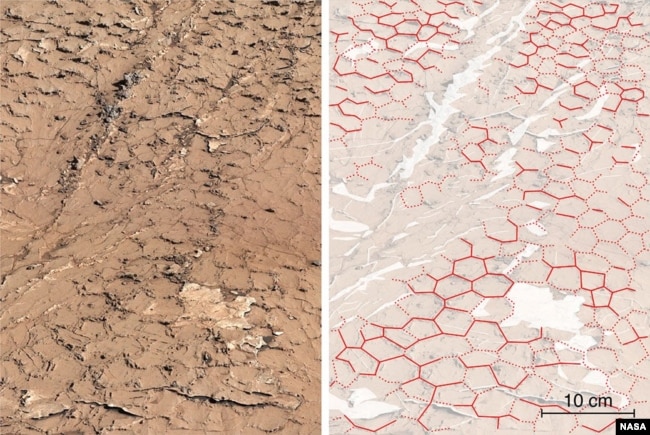 An image taken by Curiosity’s Mastcam at “Pontours” reveals hexagonal patterns – outlined in red in the same image, right – suggesting mud cracks formed after many wet-dry cycles occurring over years. (Image Credit: NASA/JPL-Caltech/MSSS/IRAP)