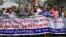 Journalists of the Dainik Dinkal publication hold a rally to protest against the government's order to halt its production in Dhaka, Bangladesh, on Feb. 20, 2023.