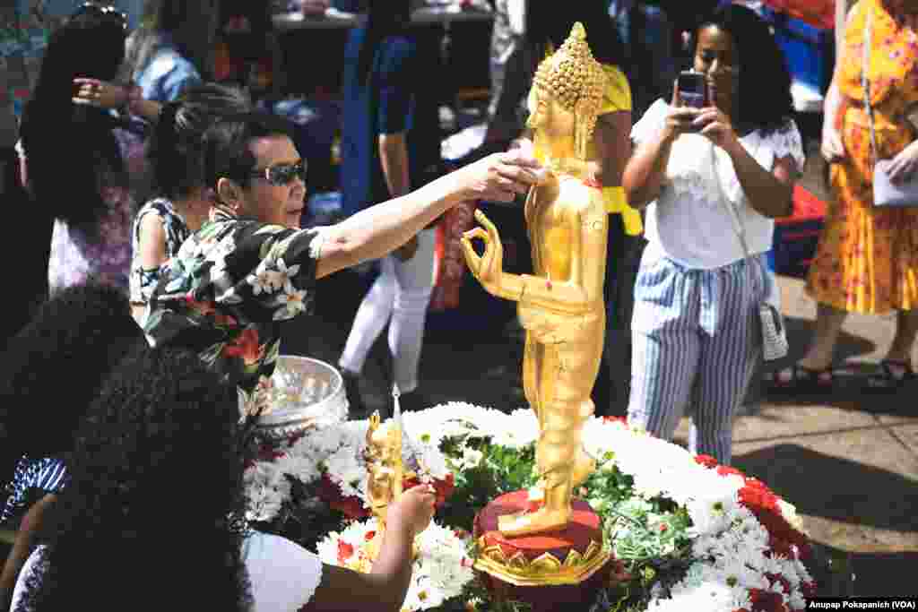 People participated in Songkran Festival at WAT Thai Washington. D.C, April 16, 2023.