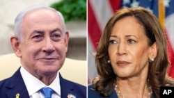 This combination photo shows Israeli Prime Minister Benjamin Netanyahu at the White House in Washington, July 25, 2024, and Vice President Kamala Harris during an event, July 23, in West Allis, Wis.