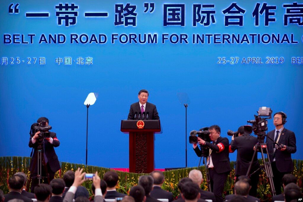 中国国家主席习近平2019年4月26日在北京举行的第二届一带一路高峰论坛上致辞。(2019年4月27日)(photo:VOA)