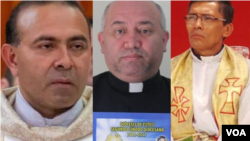 De izquierda a derecha los sacerdotes: Leonardo Guevara Gutiérrez, Pastor Eugenio Rodríguez Benavides y Jaime Montesino. El último fue detenido mientras los otros dos están siendo investigados. Cortesía. 