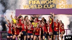 Spain's national football team celebrates winning the 2023 Women's World Cup in Sydney, Aug. 20, 2023. A new sports news site has been credited with contributing to the fall of Spanish Football Federation chief Luis Rubiales, who resigned over an unwanted kiss of a player.