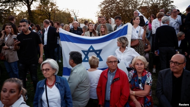 Supporters of Israel hold a solidarity rally in Paris, France, Oct. 9, 2023.