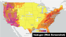 Карта с сайта Heat.gov. Фиолетовым цветом обозначена зона, где действует предупреждение о чрезвычайной жаре.