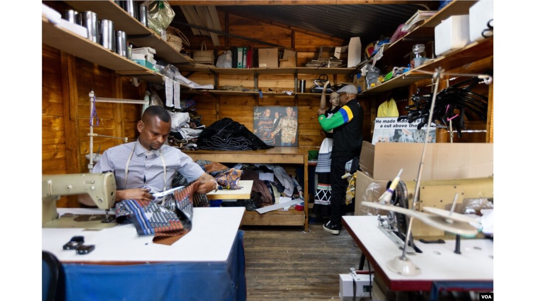 Sonwabile Ndamase in his workshop in Johannesburg. Ndamase designed for Nelson Mandela and other iconic leaders like President Bill Clinton and celebrities like Mike Tyson. (Zaheer Cassim/VOA)