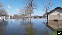 A photo shows flood waters from the Black River covering Copeland Park in La Crosse, Wisconsin, April 26, 2023. Cities along the Mississippi River from Minnesota to Iowa have been grappling with flooding caused by heavy snowmelt. (Marilyn Richmond via AP)