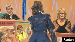 Stormy Daniels is questioned by prosecutor Susan Hoffinger before Justice Juan Merchan, in Manhattan state court in New York City, May 7, 2024, in this courtroom sketch.