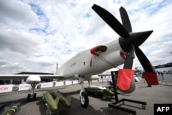 The Turgis et Gaillard Groupe unmanned combat aerial vehicle (UCAV), or combat drone, Aarok, is displayed at the International Paris Air Show, Le Bourget Airport, June 19, 2023.