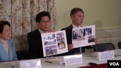 ‘북한에 의한 일본인 납치 피해자 가족회’와 ‘북한 납치 일본인 조기 구출을 위한 행동하는 의원연맹’ 소속 의원들이 4일 주미 일본 대사관에서 방미 관련 기자회견을 열고 있다.