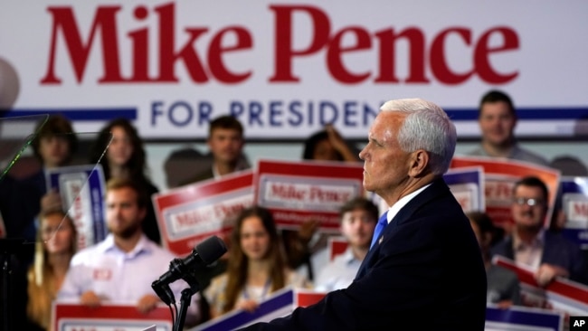 Former Vice President Mike Pence, now seeking the Republican nomination for president in 2024, speaks at a campaign event, June 7, 2023, in Ankeny, Iowa.