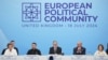 Britain's Prime Minister Keir Starmer speaks at the opening of the European Political Community meeting at Blenheim Palace in Woodstock, Britain, July 18, 2024. Seated to Starmer's left is Ukrainian President Volodymyr Zelenskyy.