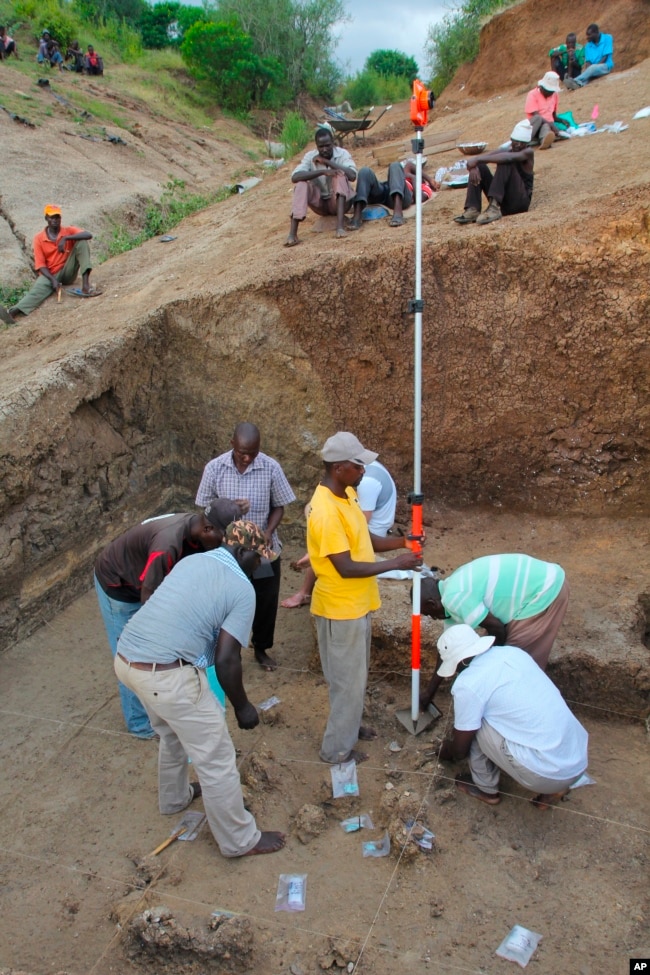 This photo shows members of the excavation team at the Nyayanga site in southwestern Kenya in July 2017. (T.W. Plummer/Homa Peninsula Paleoanthropology Project via AP)