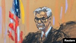 Justice Juan Merchan presides during a hearing before the trial of former U.S. President Donald Trump, in Manhattan state court in New York City, March 25, 2024, in this courtroom sketch.