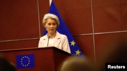 European Commission President Ursula von der Leyen attends a news conference following her meeting with Chinese President Xi Jinping, at the Delegation of the European Union in Beijing, Apr. 6, 2023. 