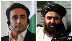 A combination image shows Pakistani Foreign Minister Bilawal Bhutto Zardari, left, in a June 14, 2022, photo, as Taliban Foreign Minister Amir Khan Muttaqi is seen in a Oct. 14, 2021, photo.
