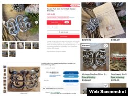 Series of images from online sales sites showing a tufa cast bracelet made by Navajo artisan Eugene Mitchell. Only one is authentic (bottom left).