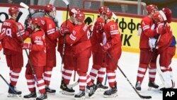 FILE - Team of Russia players are seen during the Ice Hockey World Championship group A match between the Russia and the Czech Republic at the Olympic Sports Center in Riga, Latvia, May 21, 2021.