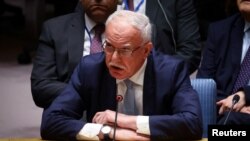 FILE — Palestinian Foreign Minister Riyad al-Maliki speaks at the United Nations in New York, April 25, 2023. Last week, he said the Western-backed Palestinian Authority hopes to engage with Saudi Arabia over their concerns about the potential normalization with Israel. 
