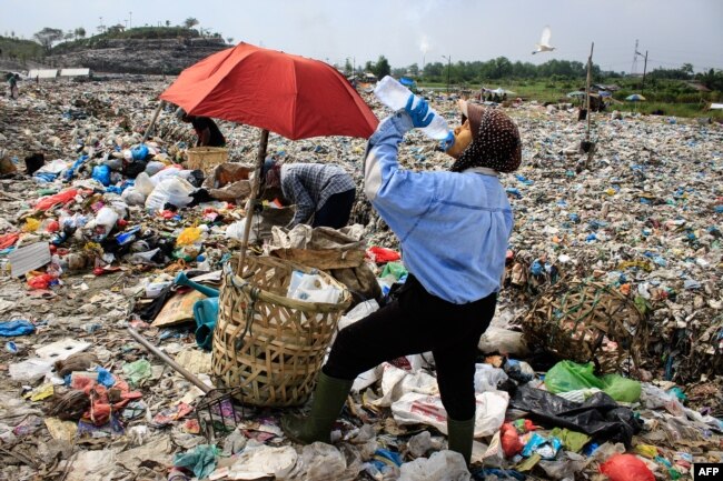 Seorang pemulung meminum air sambil mengumpulkan sampah plastik untuk dijual ke pusat daur ulang di tempat pembuangan sampah di Medan, Sumatra Utara pada 27 Maret 2024. (Foto: AFP)