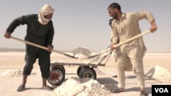 معتادان درمان شده در حال کار در یک معدن نمک در غوریان هرات