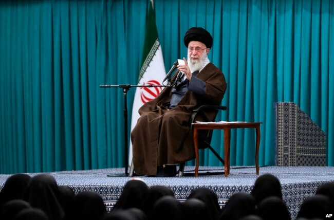 Supreme Leader Ayatollah Ali Khamenei speaks in a meeting with a group of people in Tehran, Iran, Feb. 28, 2024. (Office of the Iranian Supreme Leader via AP)