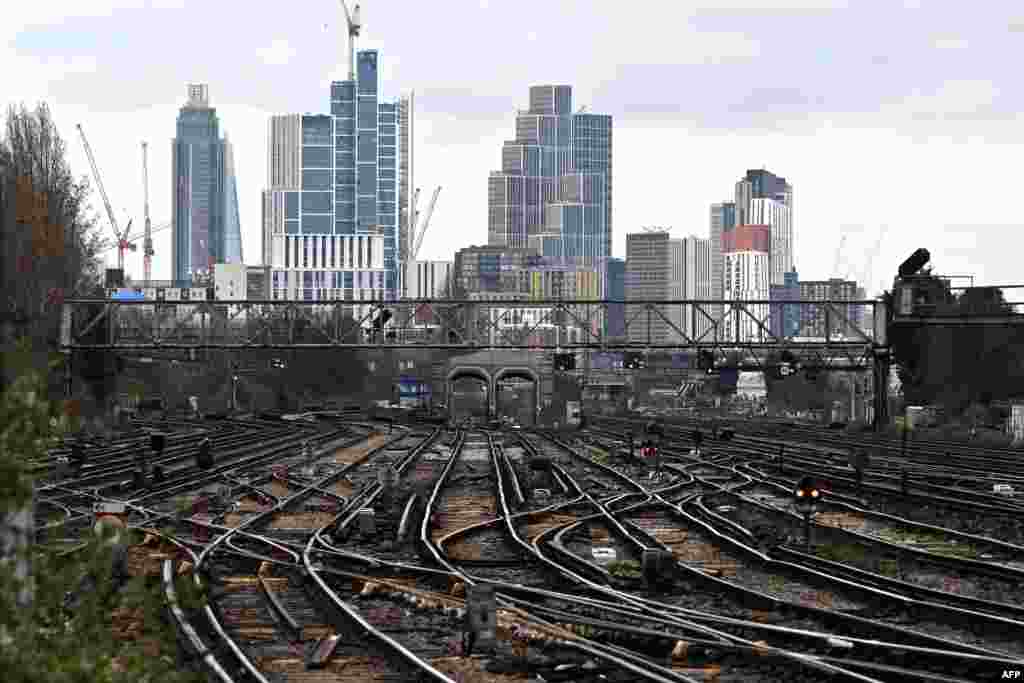 Empty tracks are seen at Clapham Junction station in south London as train drivers stage a strike over pay.