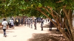 FILE— In this AFP screengrab, Togolese security forces block the area where the opposition and civil society groups were holding a press conference on March 27 in Lome, Togo, to address constitutional reforms adopted by Parliament.