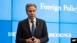 Secretary of State Antony Blinken participates in a conversation about foreign policy at the Brookings Institution, in Washington, July 1, 2024.