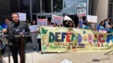 Maritza Gutierrez Ramos, 28, speaks at a rally outside the federal courthouse following a hearing on the fate of a revised version of the Deferred Action for Childhood Arrivals, or DACA, program, June 1, 2023, in Houston.