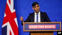 British Prime Minister Rishi Sunak speaks at a press conference at Downing Street in London, April 22, 2024. Sunak pledged that the country’s first deportation flights to Rwanda could leave in 10-12 weeks.