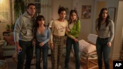 FILE - In a scene from the movie "Scream IV," from left, Mason Gooding, Jenna Ortega, Jasmin Savoy Brown, Devyn Nekoda and Melissa Barrera.
