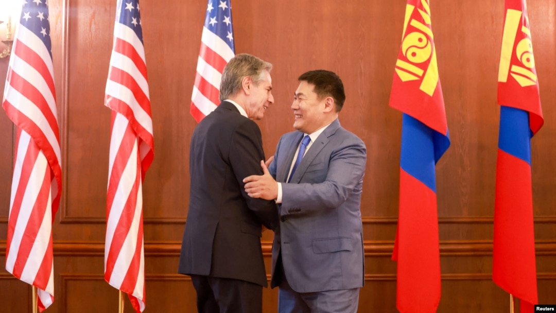 U.S. Secretary of State Antony Blinken meets with Mongolian Prime Minister Luvsannamsrain Oyun-Erdene in Ulaanbaatar, Mongolia, Aug. 1, 2024. 