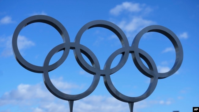 The 2002 Winter Olympic rings are shown outside Rice-Eccles Stadium, April 10, 2024, in Salt Lake City.
