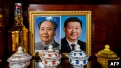 中国西藏林芝一个村庄旅馆里供奉的中共前领导人毛泽东与现领导人习近平的画像。（2021年6月4日）